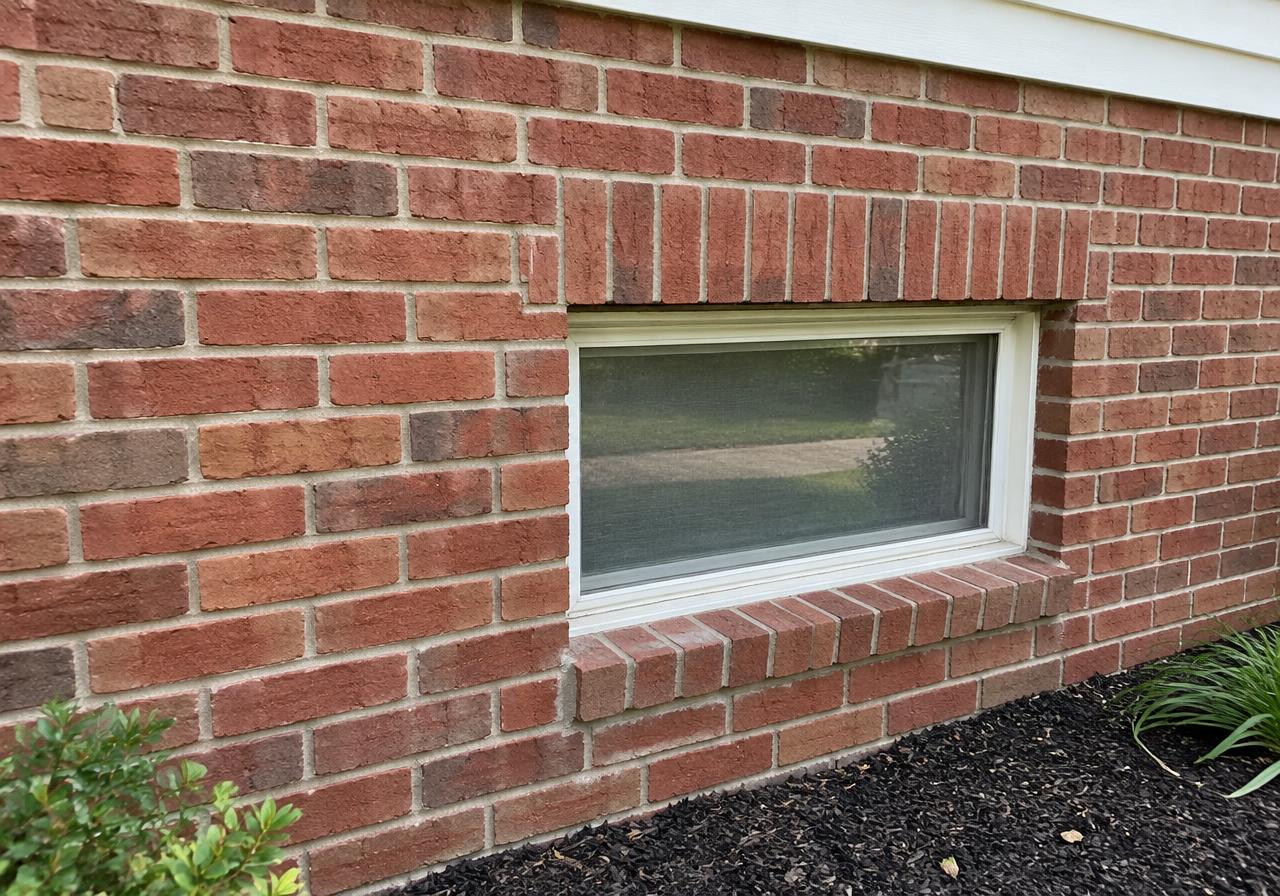 Repaired brickwork and mortar joints around a basement window